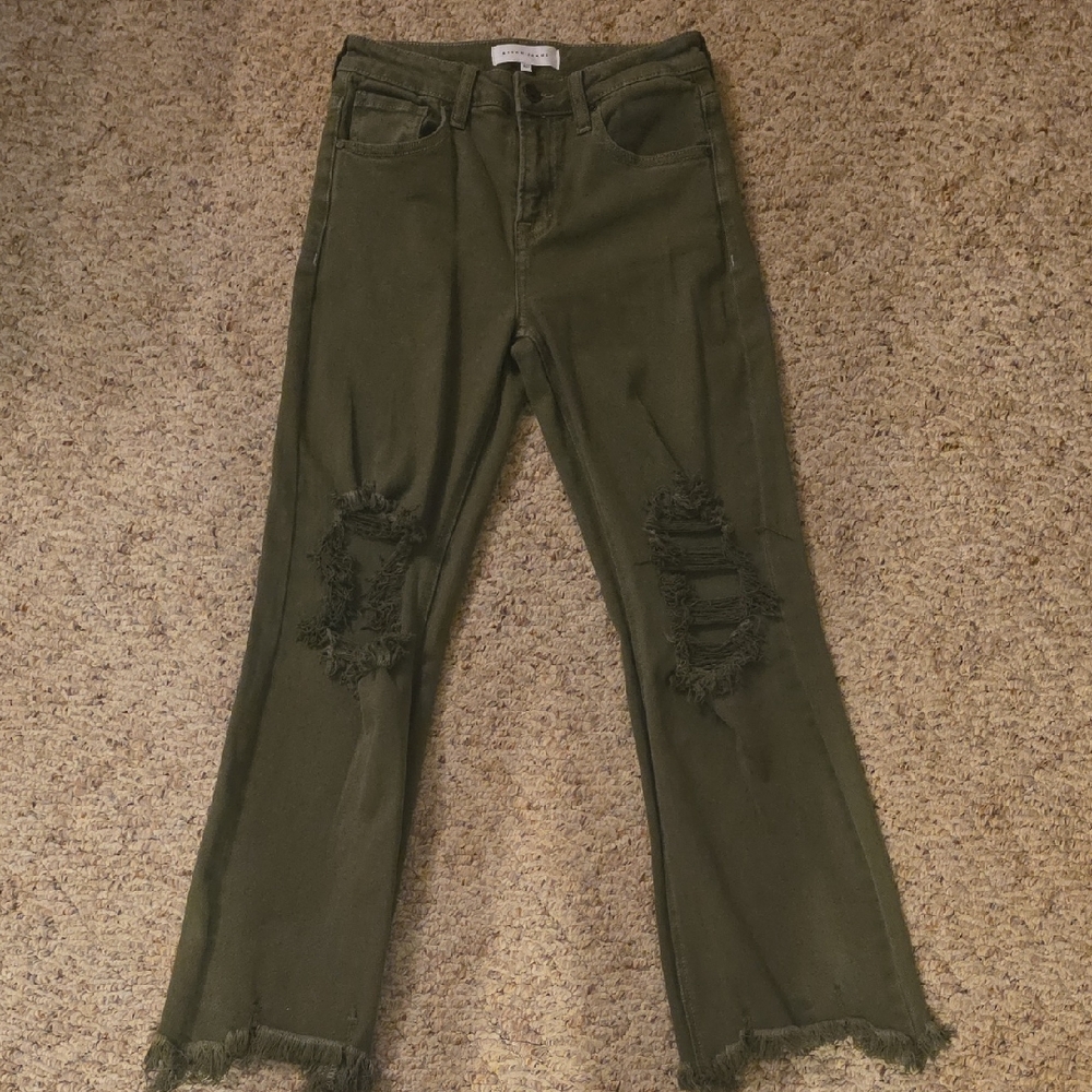 High-Rise Olive Green Distressed Wide-Leg Jeans